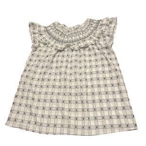 Periwinkle Collection‎ Smocked Plaid Blouse White Black Ruffle Cap Sleeve Small